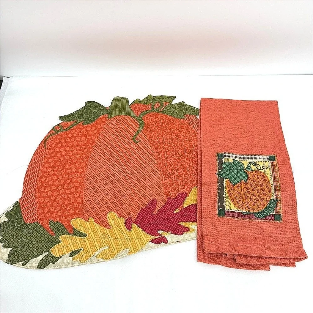 Cecil Saydah Company Pumpkin Kitchen Towel & Unbranded Placemat SET Fall Decor